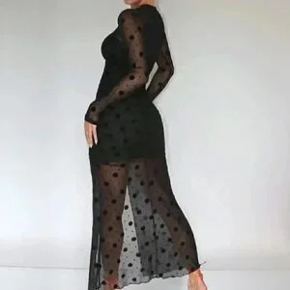 Black Preppy Womens Polka Dot Print Split Thigh Mesh Dress